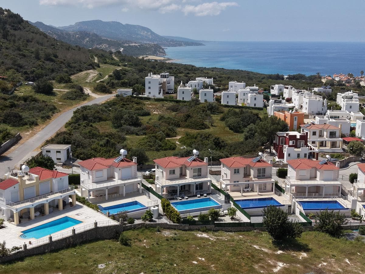 Aerial view of Kyrenia coast with sea and mountains